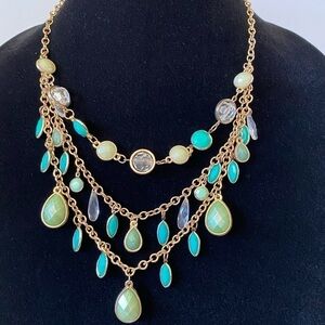 Necklace Multiple Strands Acrylic Dangles Green & Gold Tone fashion 18”+3”